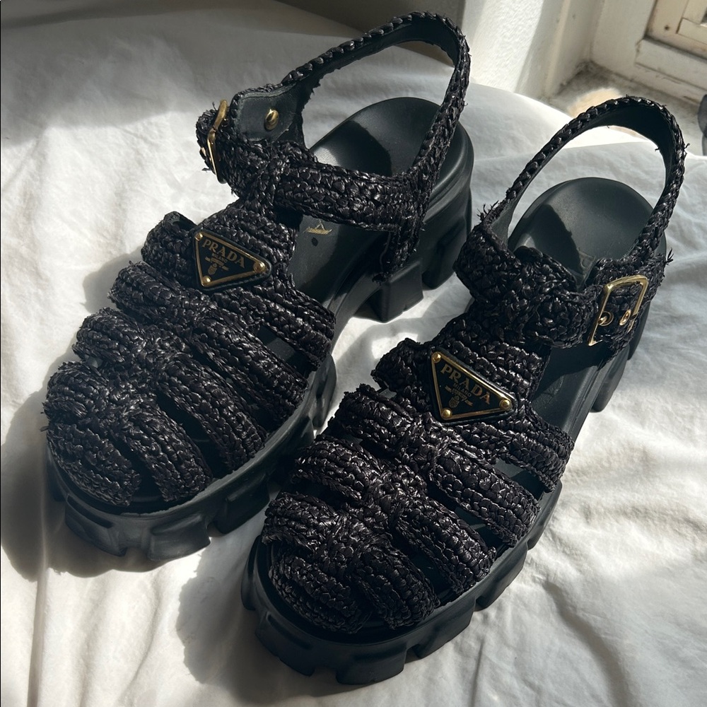 Prada Black Monolith Chunky Woven Rattan Sandals